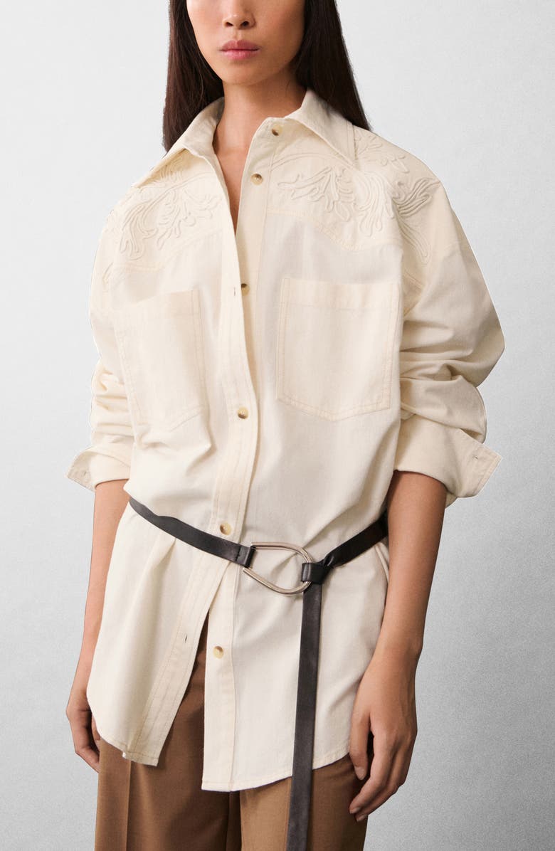 MANGO Arizona Tonal Embroidered Oversize Cotton Button-Up Shirt, Main, color, 