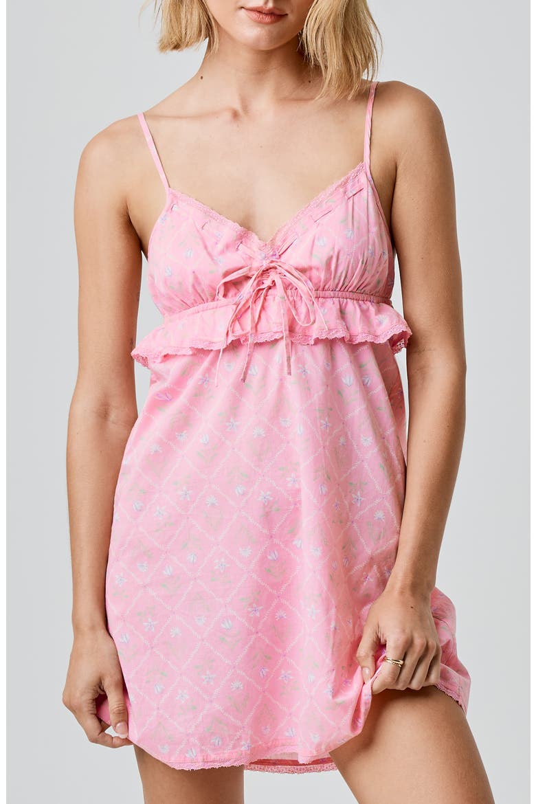 Ruffle Lace Trim Cotton Mini Sundress, Main, color, PINK