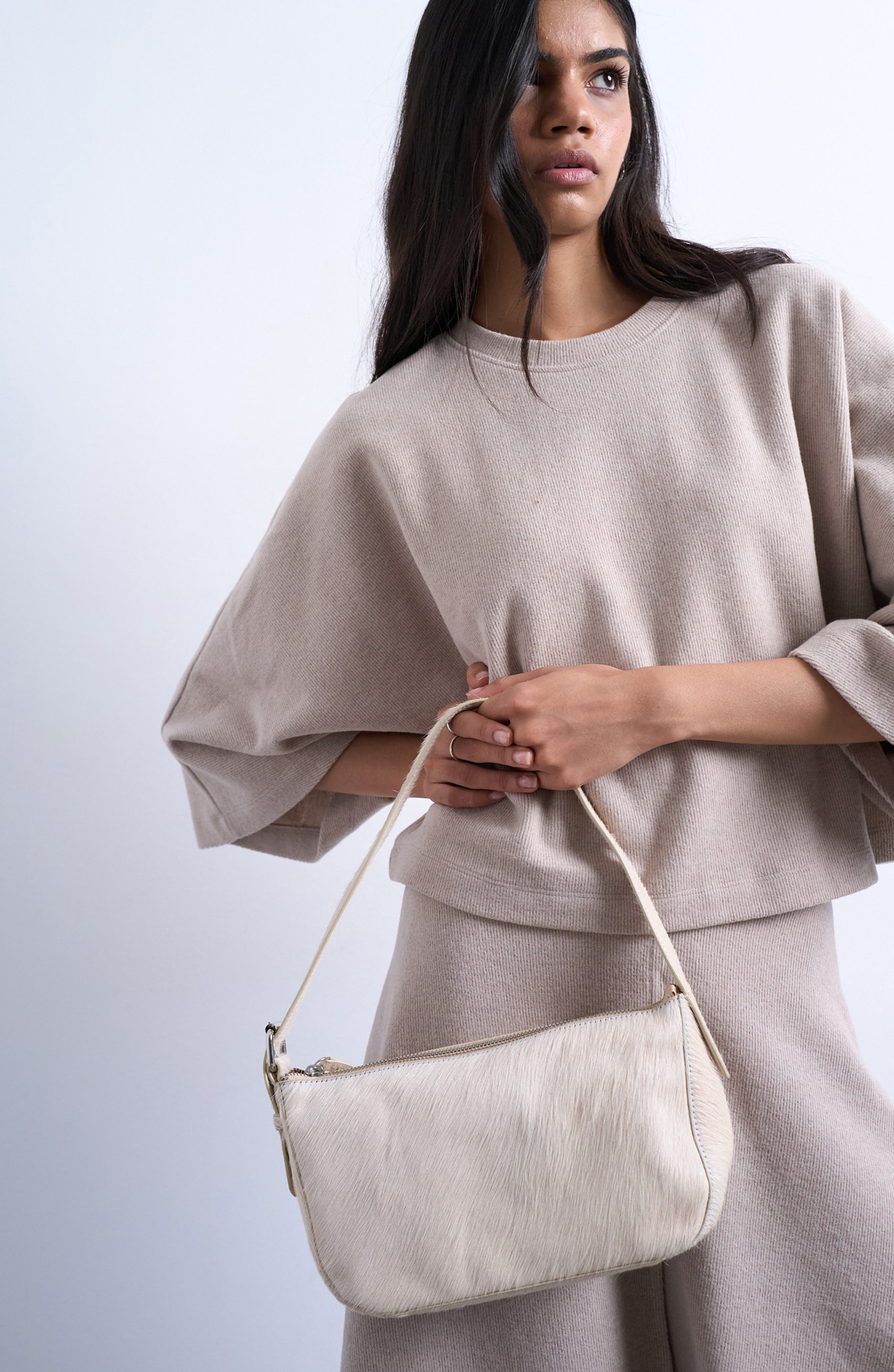 Topshop Genuine Calf Hair Shoulder Bag, Alternate, color, Cream