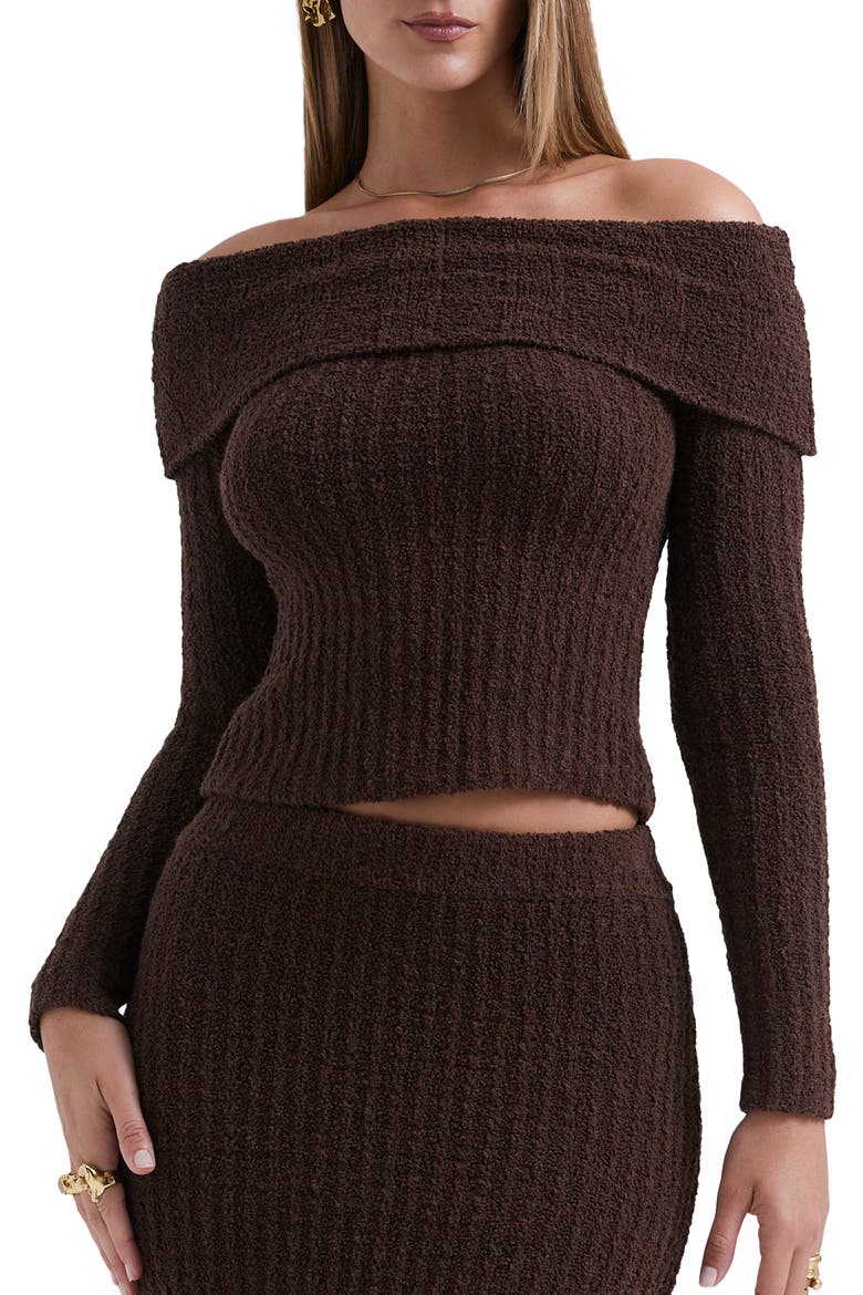 Saffron Rib Off the Shoulder Crop Sweater, Main, color, CHOCOLATE BROWN