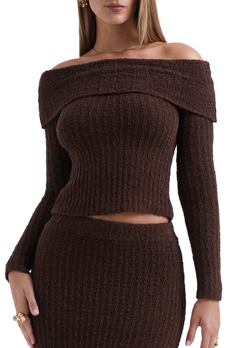 HOUSE OF CB Saffron Rib Off the Shoulder Crop Sweater, Main, color, Chocolate Brown