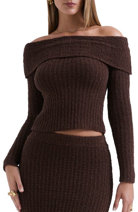 Saffron Rib Off the Shoulder Crop Sweater
