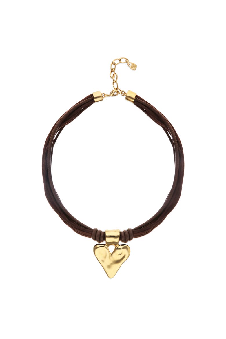 Silk Thread Blend Necklace with Leather and Heart Detail in 18K Gold, Main, color, Gold