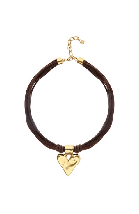 Silk Thread Blend Necklace with Leather and Heart Detail in 18K Gold