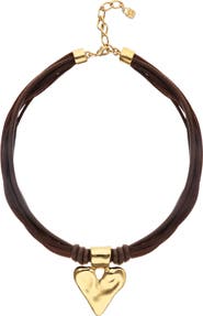 UNODE50 Silk Thread Blend Necklace with Leather and Heart Detail in 18K Gold