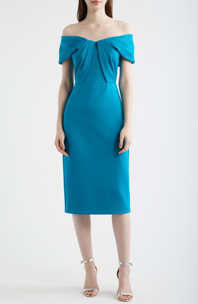 Eliza J Pleated Off the Shoulder Cocktail Dress, Main, color, Ocean