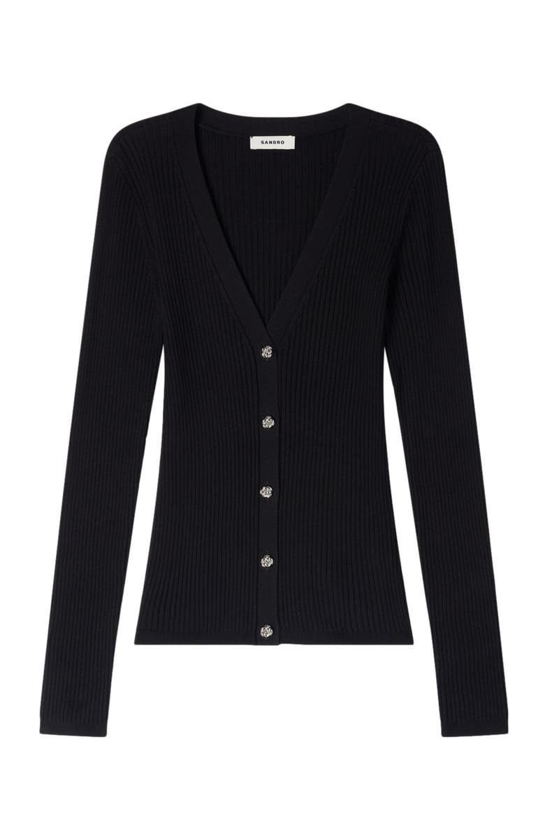SANDRO Ribbed cardigan with fancy buttons, Alternate, color, Black