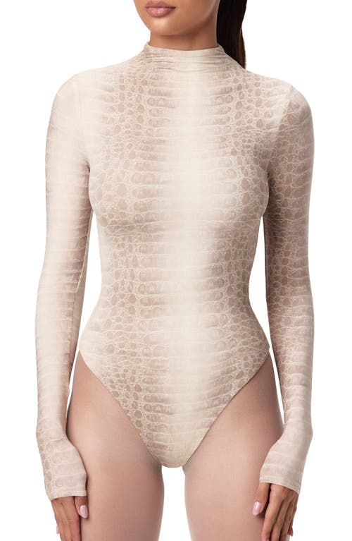 Naked Wardrobe Naked Snakeskin Print Long Sleeve Bodysuit In Neutral