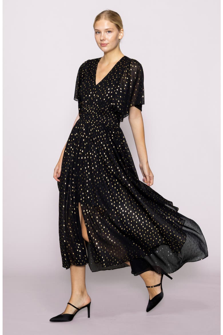 Metallic Smocked Waist Chiffon Maxi Dress, Alternate, color, BLACK GOLD