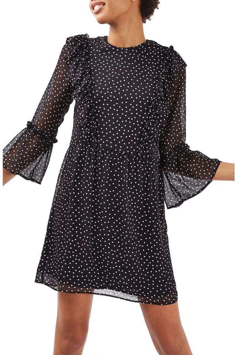 Spot Ruffle Flute Dress, Main, color, NAVY BLUE