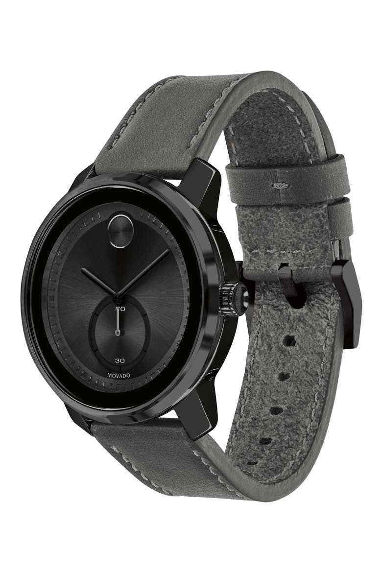 Bold Leather Strap Sport Watch, 44.5mm, Alternate, color, BLACK