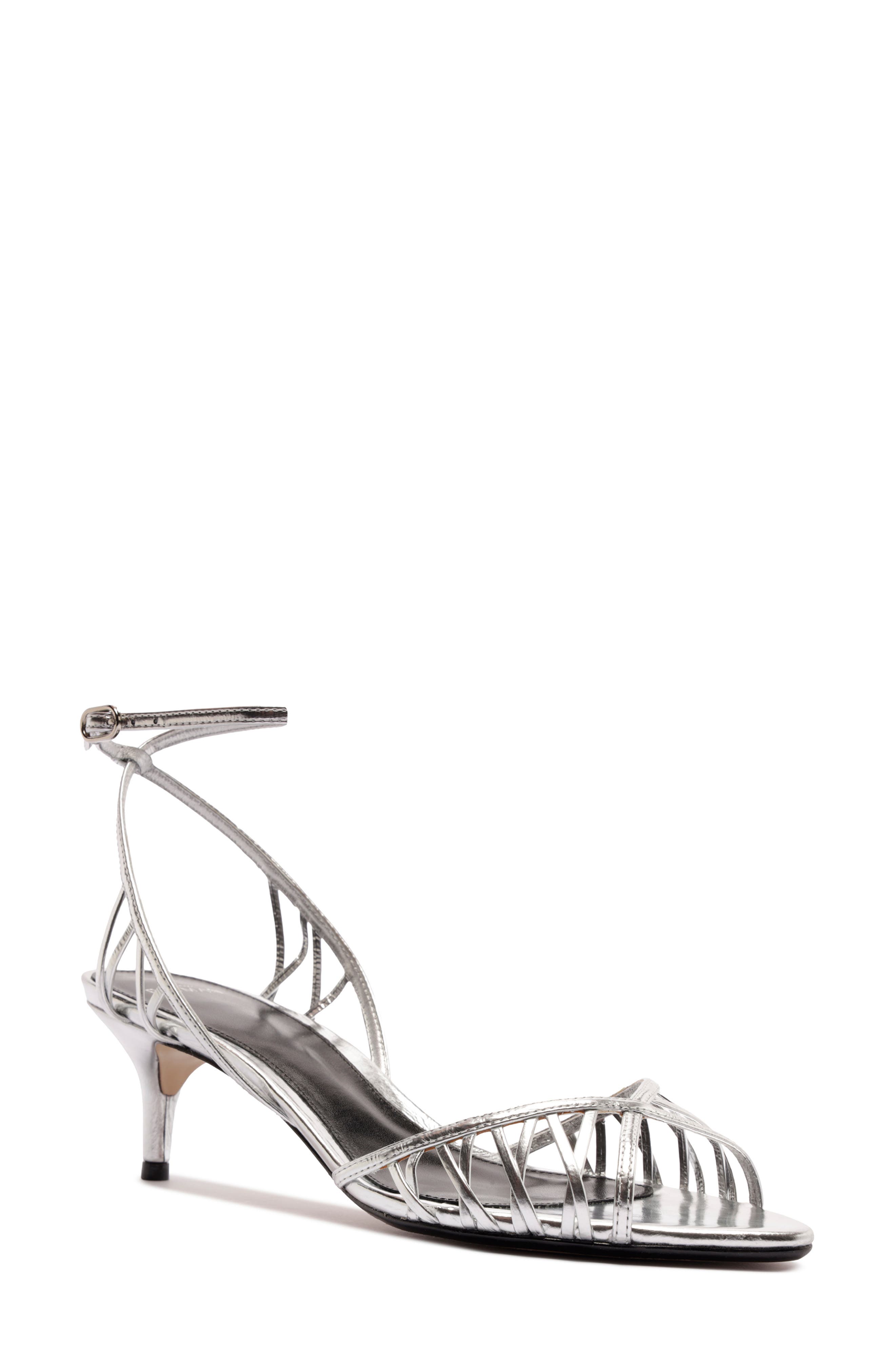 Alexandre Birman Solene Kitten Heel Cage Sandal, Main, color, Silver