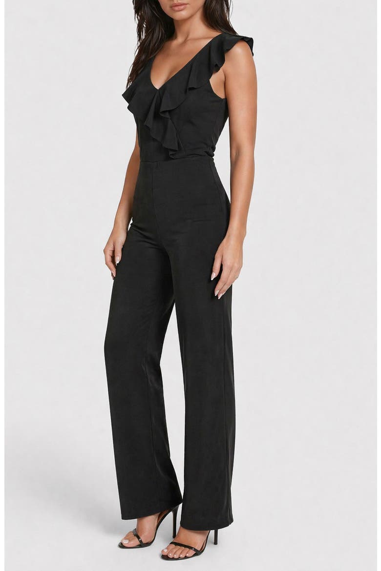 Scuba Crepe Ruffle V-Neck Jumpsuit, Alternate, color, BLACK