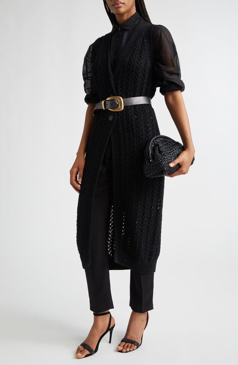 Eleventy Sequin Embellished Open Stitch Long Cardigan, Alternate, color, 22 Black