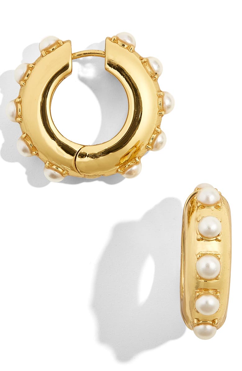 BaubleBar Claire Imitation Pearl Huggie Earrings, Main, color, 