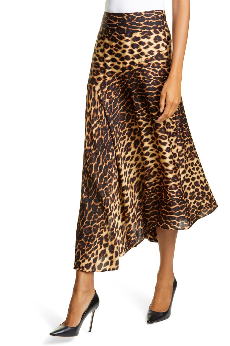Lev Leopard Print Asymmetrical Stretch Silk Midi Skirt, Alternate, color, BROWN MULTI