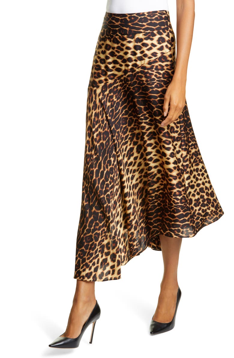 A.L.C. Lev Leopard Print Asymmetrical Stretch Silk Midi Skirt, Alternate, color, 