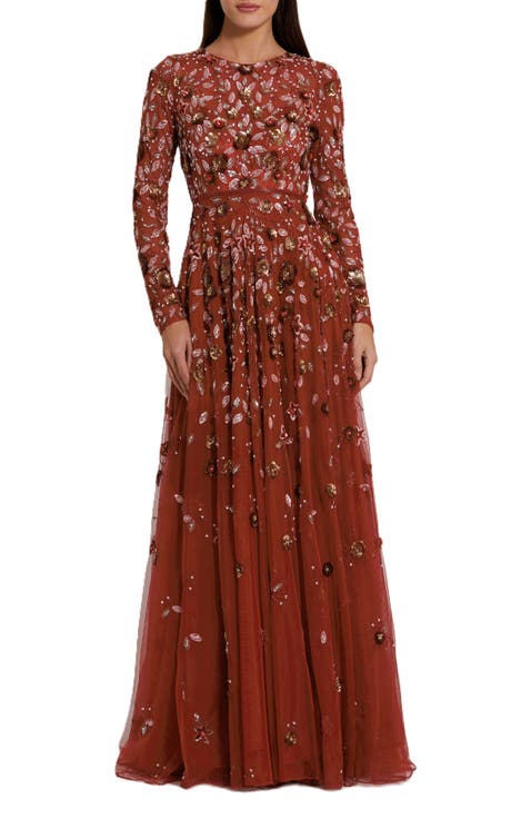 Embellished High Neck Long Sleeve A Line Gown