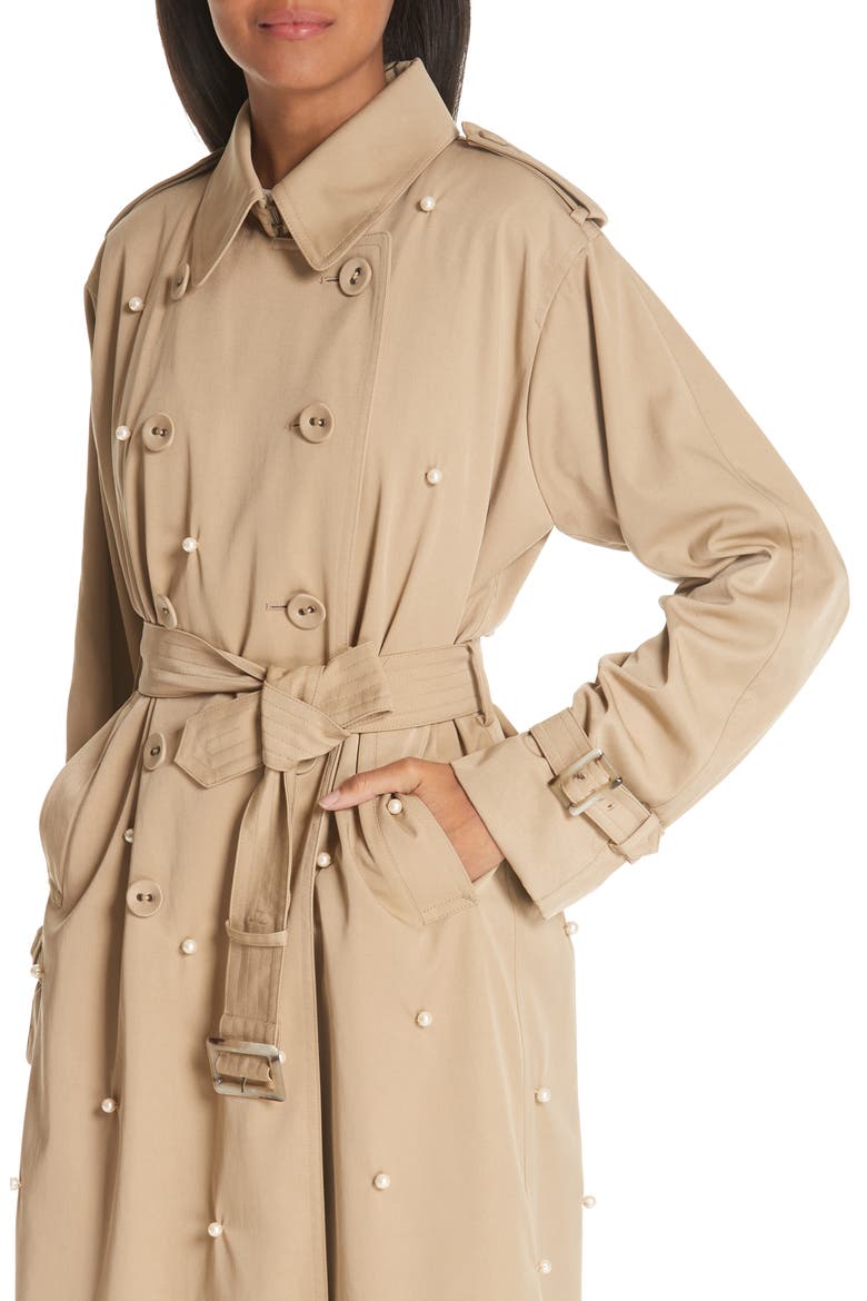 Imitation Pearl Embellished Trench Coat, Alternate, color, BEIGE BEIG