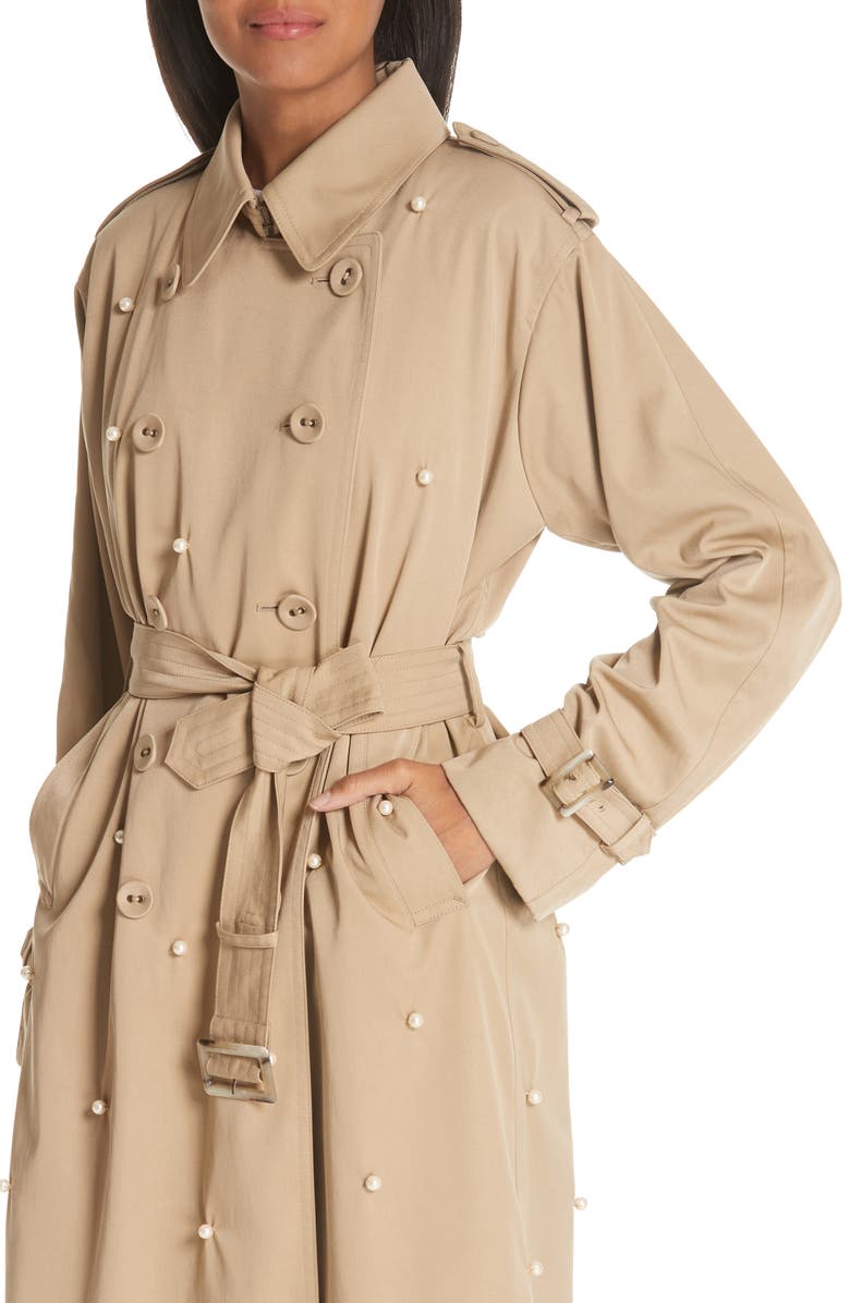Tu es mon Trésor Imitation Pearl Embellished Trench Coat, Alternate, color, 