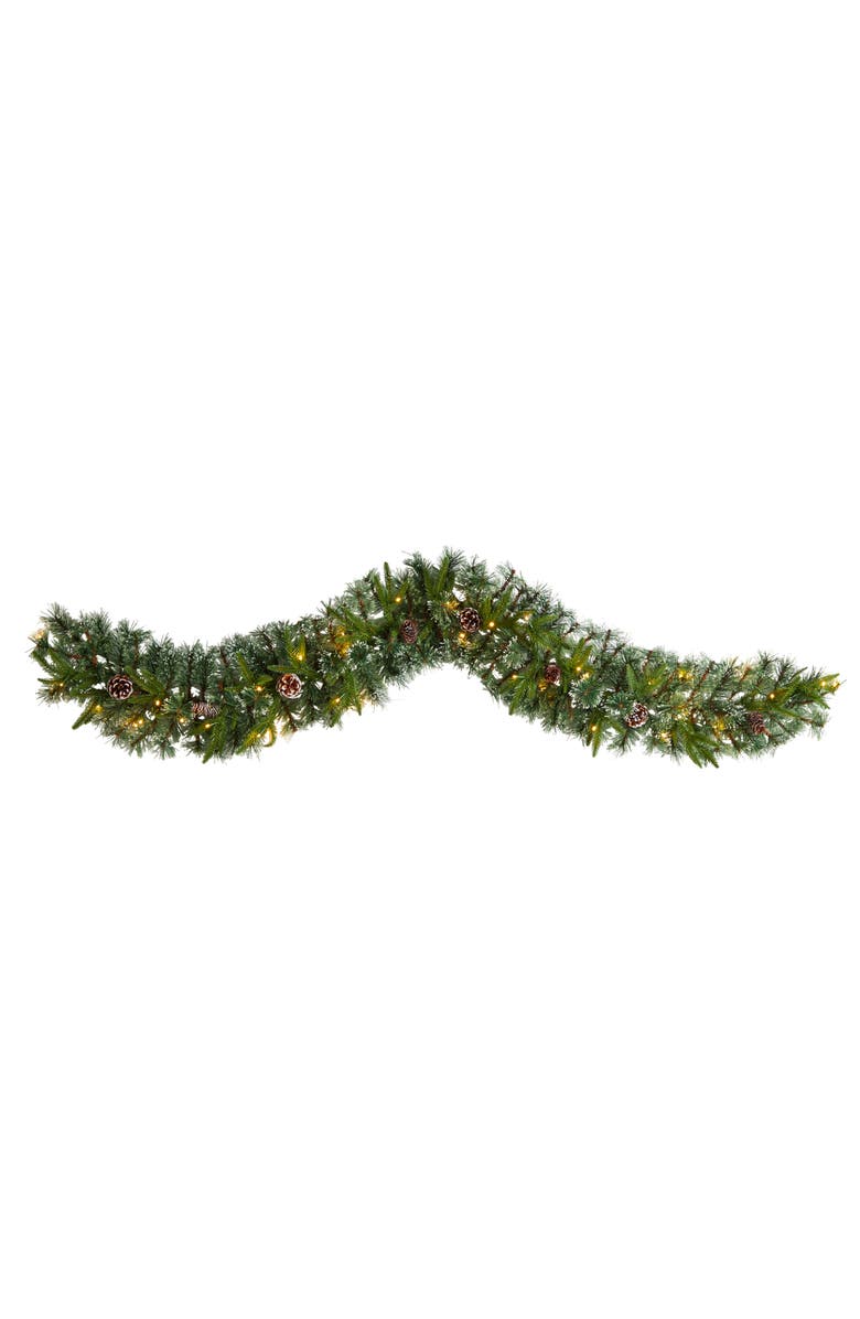 NEARLY NATURAL 6-ft Snow Tipped Christmas Artificial Garland with 35 Clear LED Lights and Pine Cones, Main, color, Green