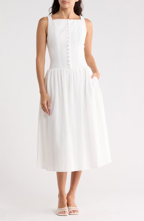 Embroidered Eyelet Button Front Cotton Midi Dress