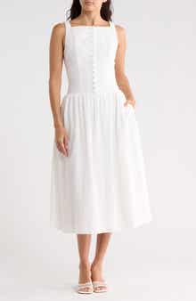 WAYF Embroidered Eyelet Button Front Cotton Midi Dress