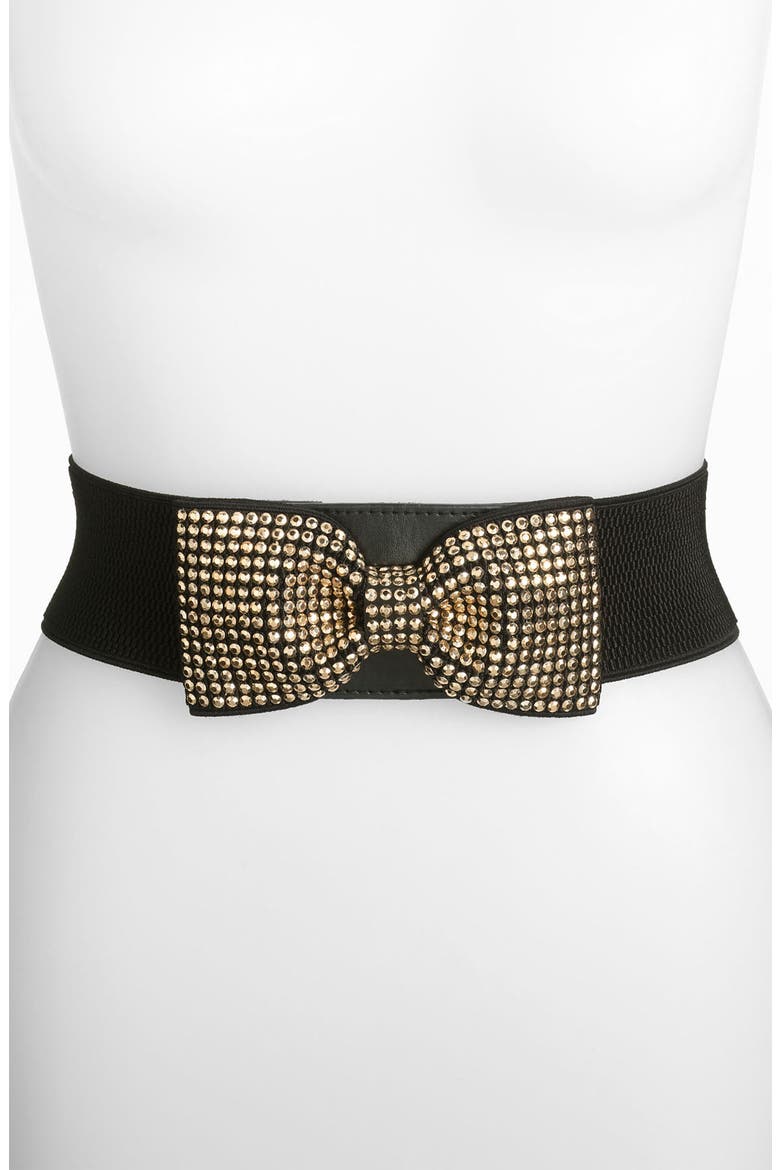Studded Bow Stretch Belt, Main, color, BLACK/ GOLD