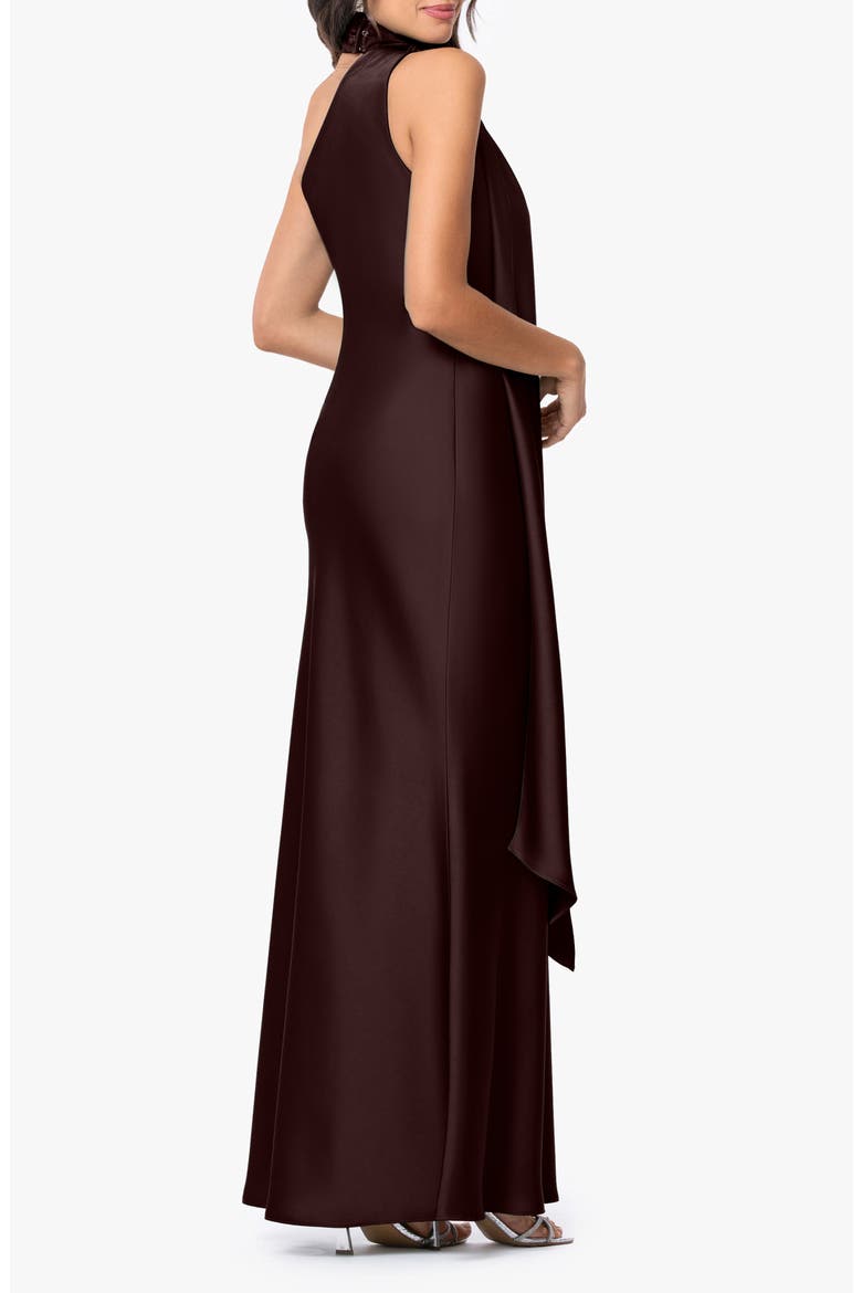 Asymmetric Tie Neck Satin Dress, Alternate, color, BROWN