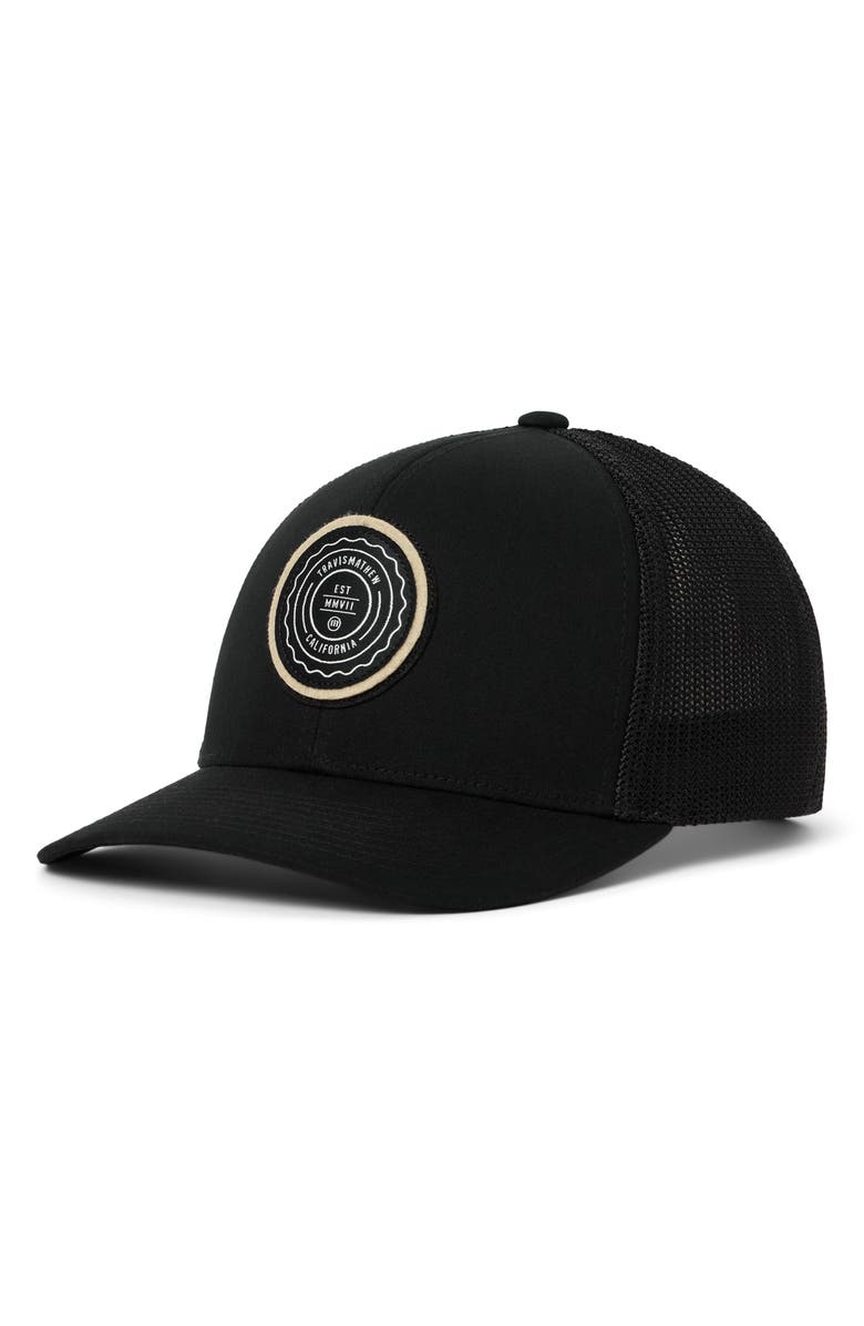 TravisMathew The Patch Trucker Hat, Main, color, Black/ Tan