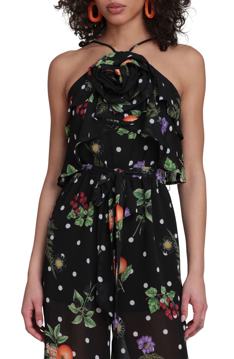 Avec Les Filles Rose Halter Neck Jumpsuit, Alternate, color, Black Scattered Botanical
