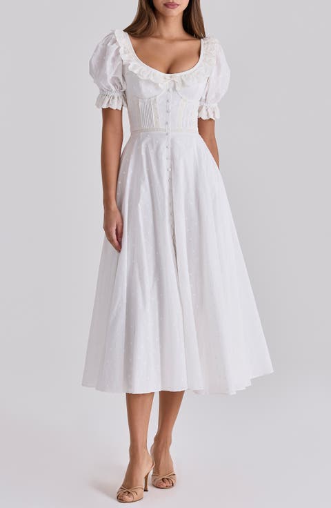 Bella Puff Sleeve Broderie Anglaise Cotton Midi Dress