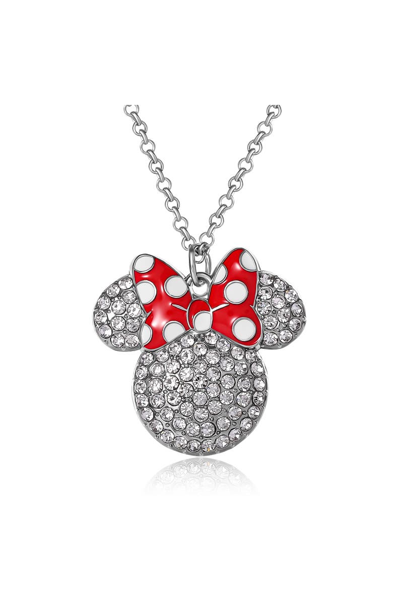 Disney Fashion Red Polka Dot Bow Crystals Pave Necklace, Main, color, Silver