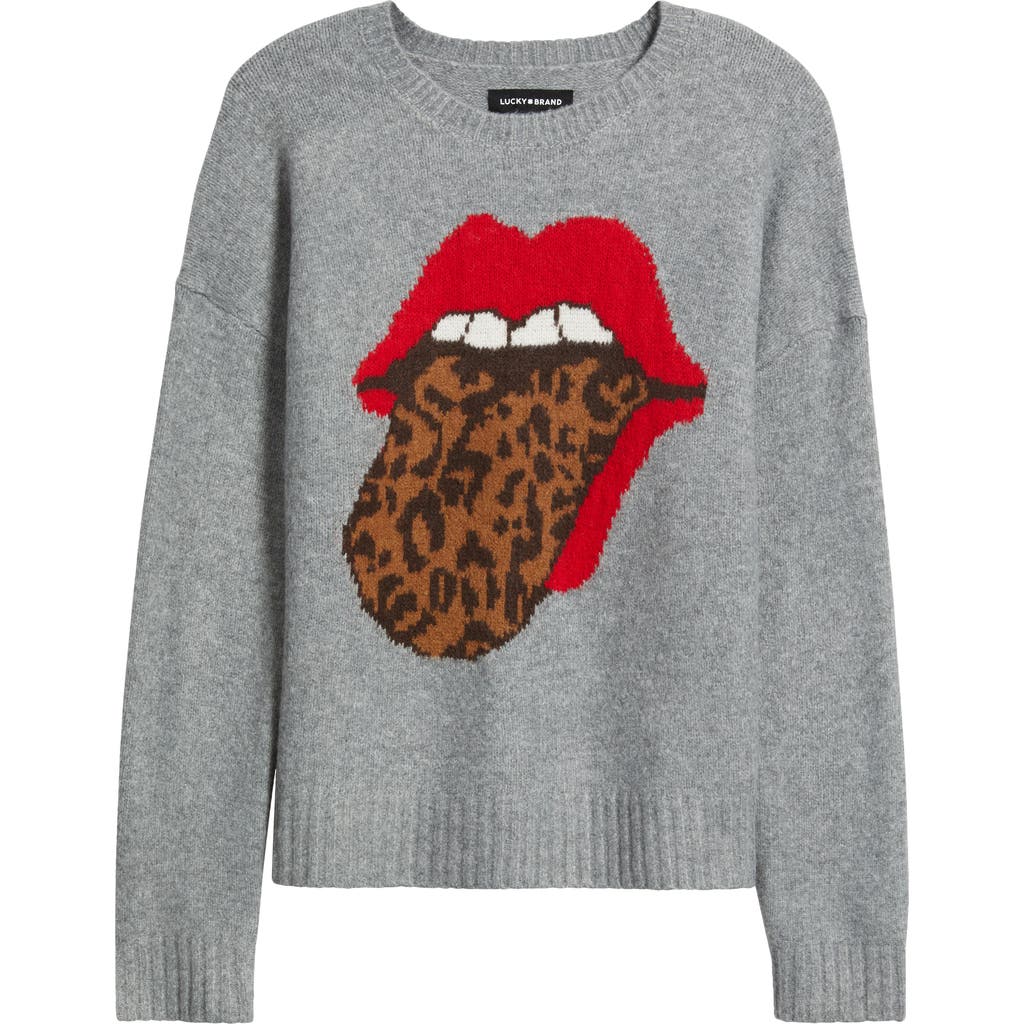 Lucky Brand Cloud Soft Rolling Stones Hot Lips Intarsia Sweater In Gray