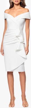 Xscape Evenings Ruffle Off the Shoulder Scuba Knit Cocktail Dress