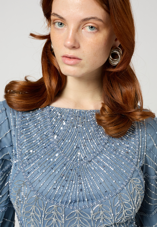Maryisa Modest Embellished Sequin Beaded Maxi Dress With Long Sleeves