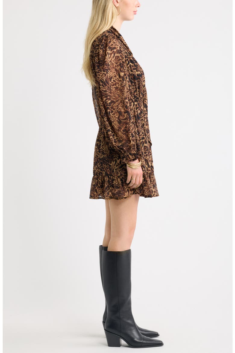 Tie Neck Long Sleeve Minidress, Alternate, color, TAN- BLACK LEOPARD ABSTRACT