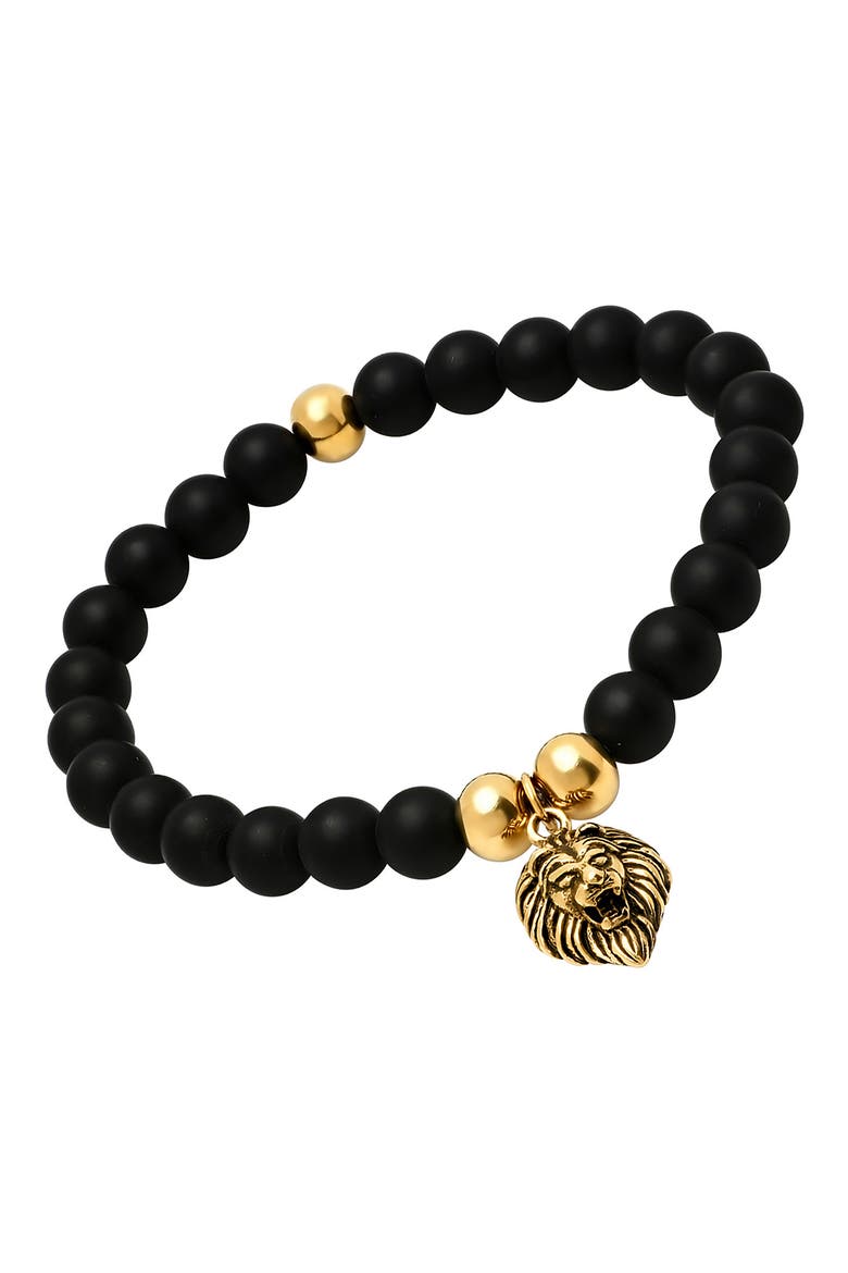 Men's 18K Gold Plated Stainless Steel Lion Charm Lava Beaded Stretch Bracelet, Alternate, color, GOLD/BLACK