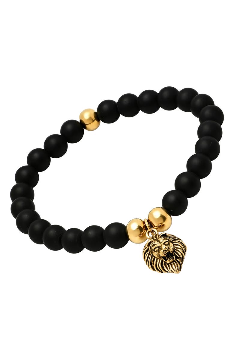 HMY JEWELRY Men's 18K Gold Plated Stainless Steel Lion Charm Lava Beaded Stretch Bracelet, Alternate, color, Gold/Black