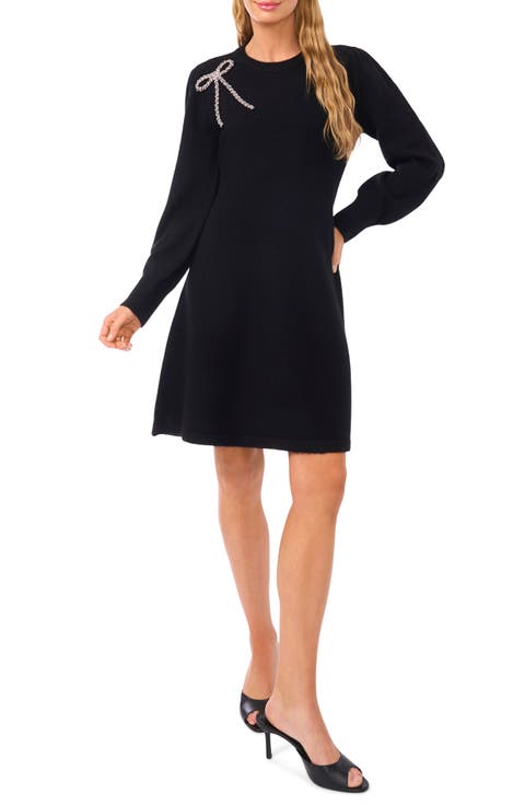 Beaded Bow Detail Long Sleeve Sweater Minidress