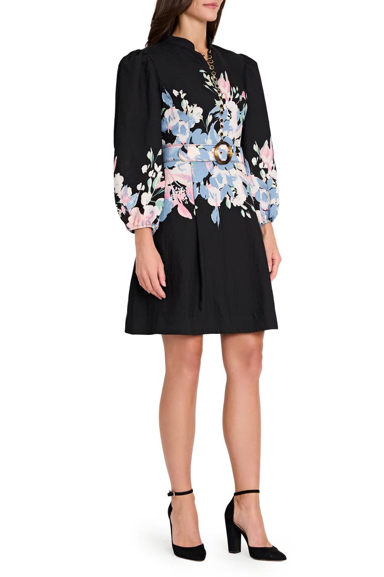 Border Belted Puff Shoulder Dress, Alternate, color, BLACK BLUE PINK
