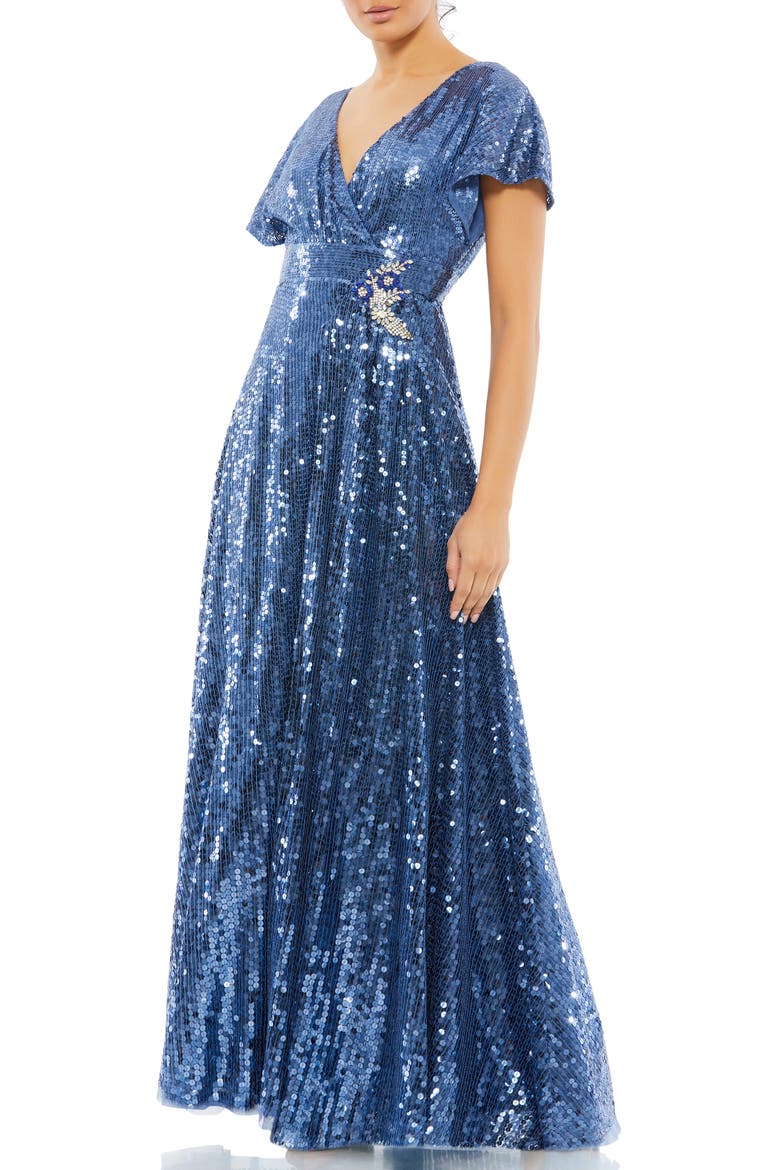 Sequin Empire Waist A-Line Gown, Main, color, FUSION BLUE