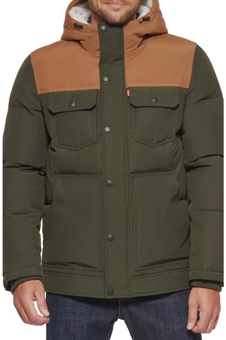 Levi's® Quilted Water Resistant Hooded Puffer Jacket, Main, color, OLIVE/ WORKER BROWN