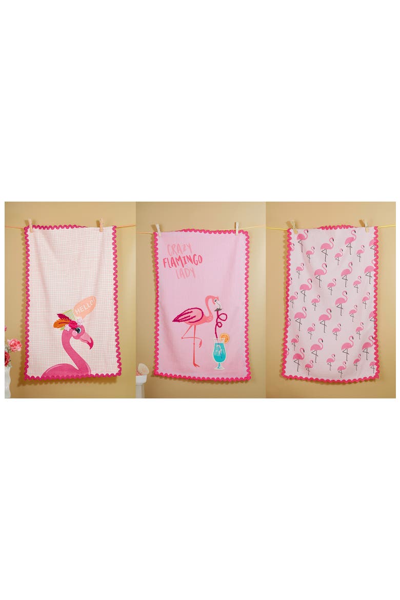 Flamingo Fun Set of 3 Kitchen Towels, Alternate, color, PINK