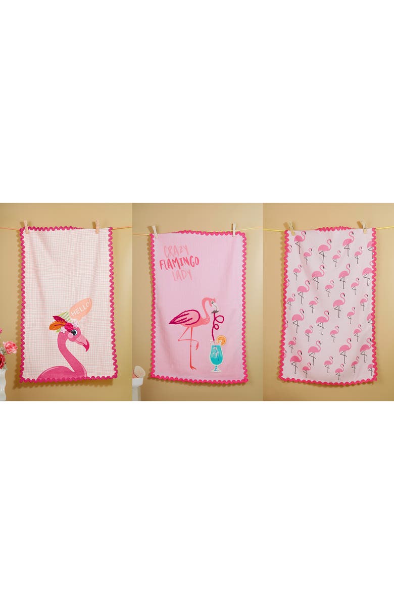 Tiramisu Flamingo Fun Set of 3 Kitchen Towels, Alternate, color, Pink