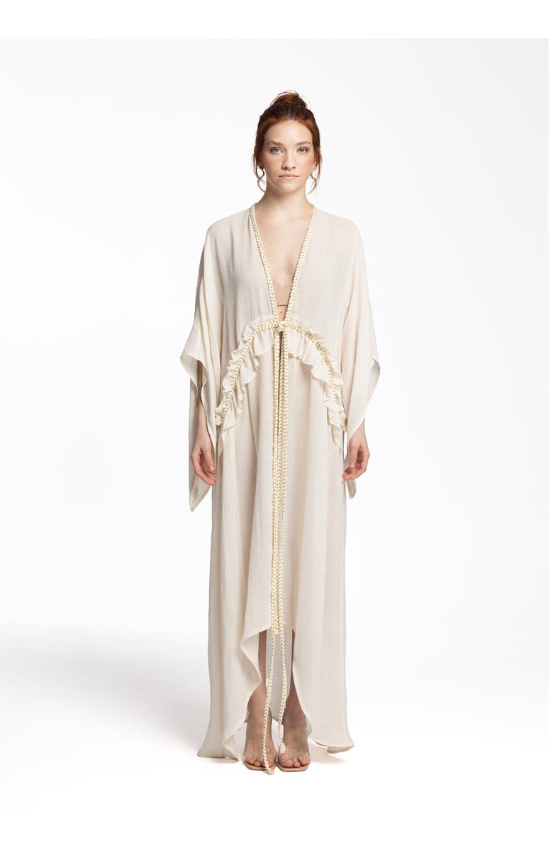 Monlicia Leora 100% Cotton with Gold Braided Details Maxi Kimono, Main, color, Ivory