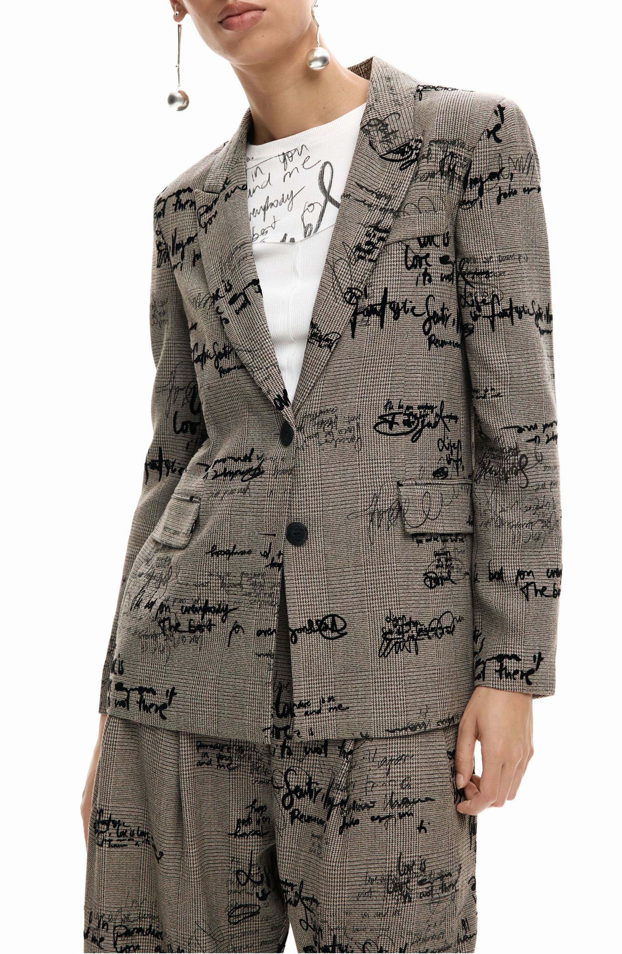 Lettering Print Houndstooth Single Breasted Blazer
