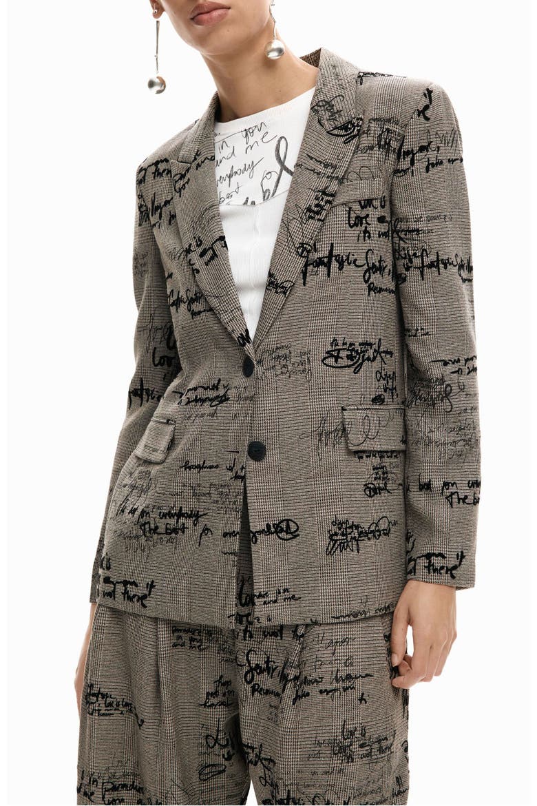 Lettering Print Houndstooth Single Breasted Blazer, Main, color, BLACK MULTI