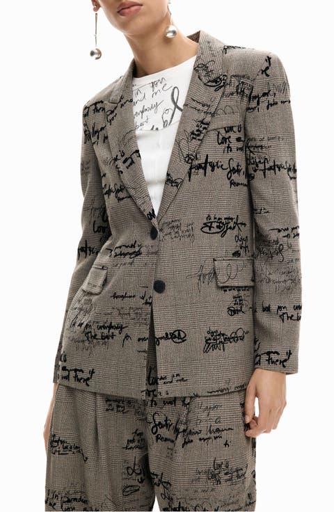Embroidered Houndstooth Single Breasted Blazer