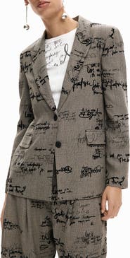 Desigual Lettering Print Houndstooth Single Breasted Blazer